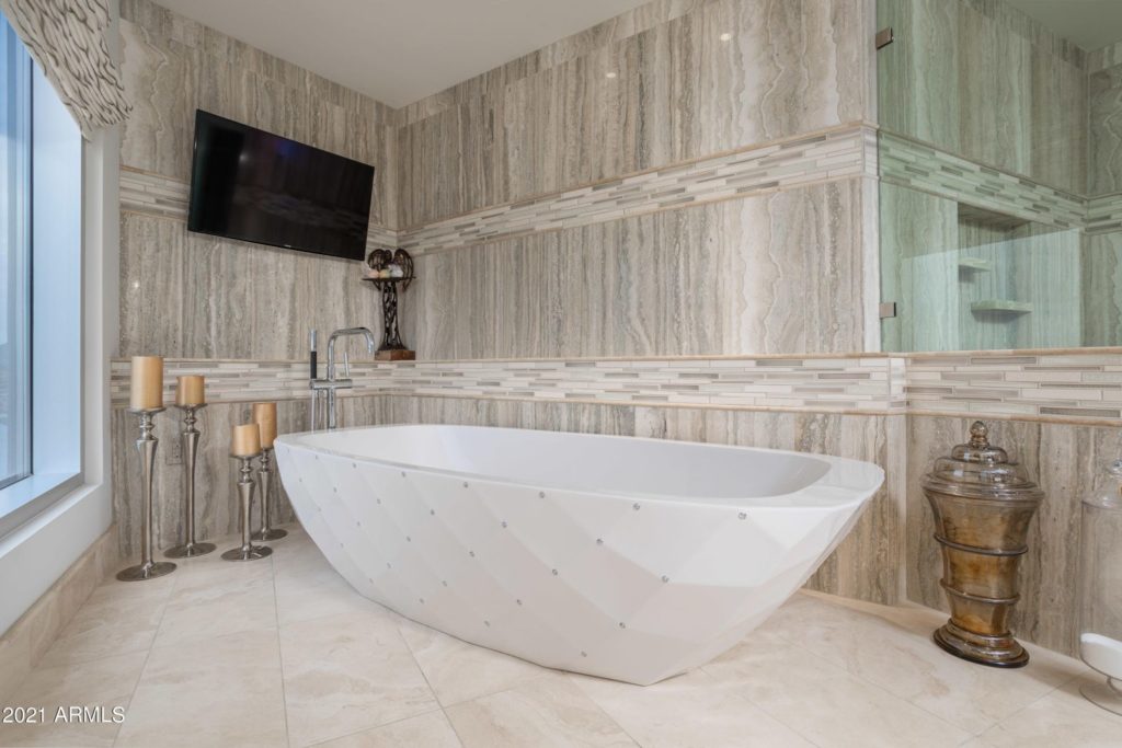 Master bath with crystal studded soaking tub